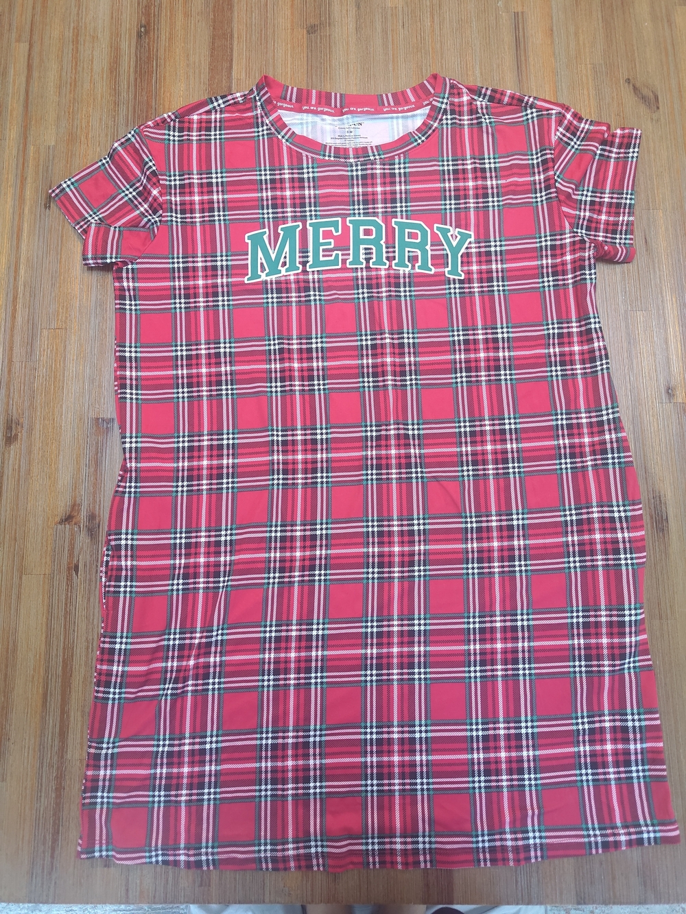 JoySpun Women's Size S-M Merry Nightgown Soft Sleep Shirt Plaid Christmas Red